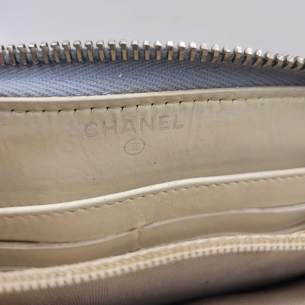 Chanel Tweed Canvas Deauville Zip Around Blue Gray Wallet